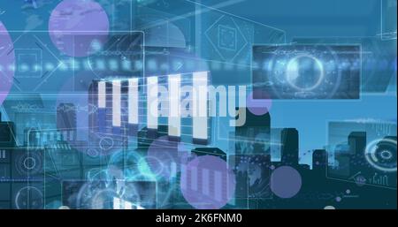 Image of light trails and people photographs over globe Stock Photo