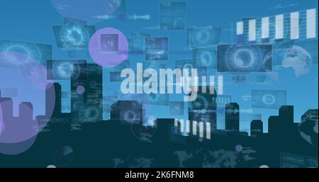 Image of light trails and people photographs over globe Stock Photo