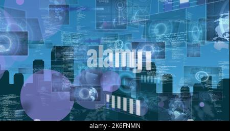Image of light trails and people photographs over globe Stock Photo