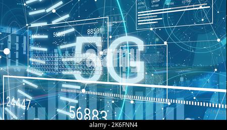 Image of scope scanning with 5g text and data processing over cityscape Stock Photo