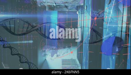 Image of dna strand and data processing over server room Stock Photo