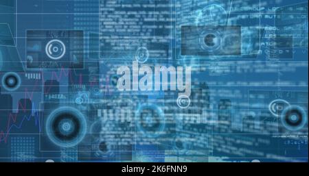 Image of digital interface and data processing on screens over blue background Stock Photo