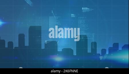 Image of digital interface and data processing on screens over blue background Stock Photo