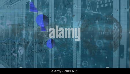 Image of mathematical equations and data processing over server room Stock Photo