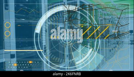 Image of scope scanning with 5g text and data processing over server room Stock Photo