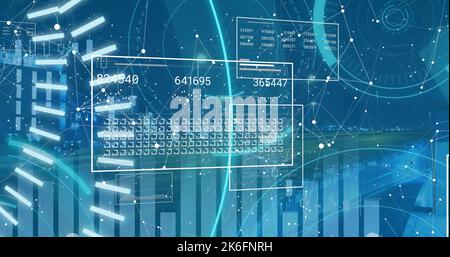 Image of scope scanning with 5g text and data processing over cityscape Stock Photo