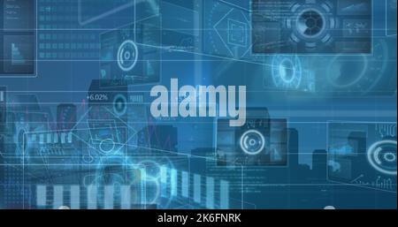 Image of digital interface and data processing on screens over blue background Stock Photo