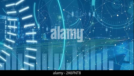 Image of scope scanning with 5g text and data processing over cityscape Stock Photo