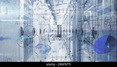 Image of mathematical equations and data processing over server room Stock Photo