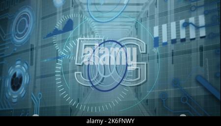 Image of scope scanning with 5g text and data processing over server room Stock Photo