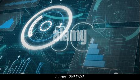 Image of scope scanning with 5g text over server room Stock Photo
