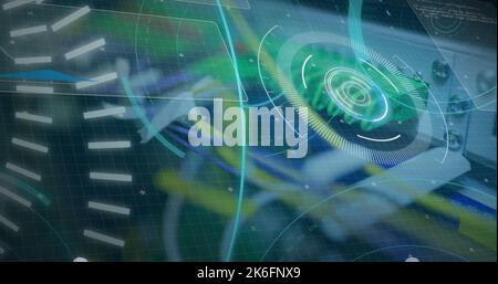 Image of scope scanning with 5g text over server room Stock Photo