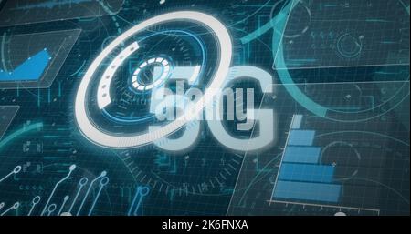 Image of scope scanning with 5g text over server room Stock Photo