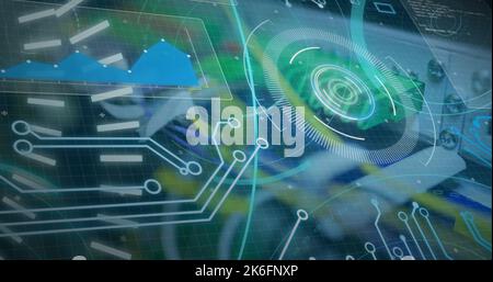 Image of scope scanning with 5g text over server room Stock Photo
