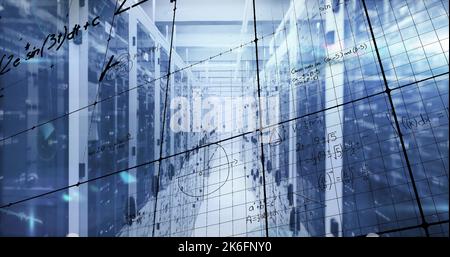 Image of mathematical equations and data processing over server room Stock Photo