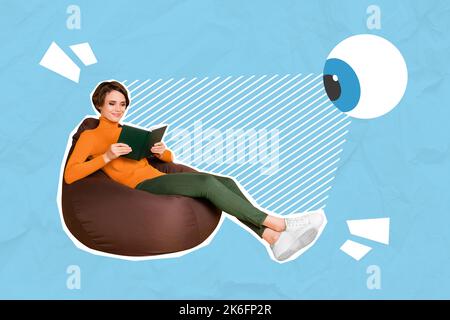 Collage photo of young interested positive charming lady sitting beanbag relax reading novelty hobby eye looking her isolated on blue color background Stock Photo