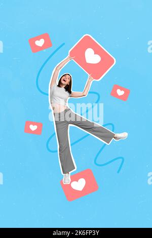 Collage photo of young pretty cute attractive girl wear stylish outfit excited hold red paper heart notification like blogger isolated on blue color Stock Photo