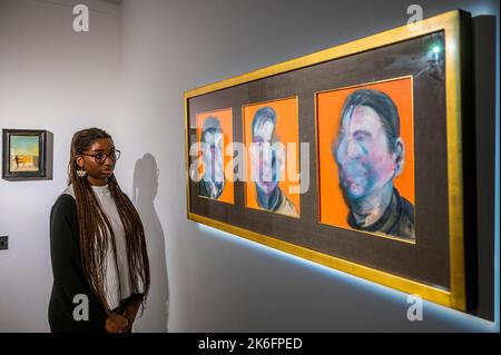 London, UK. 13th Oct, 2022. Francis Bacon, Three Studies for Self-Portrait triptych, Painted in 1979, Estimate on request: in excess of $25,000,000 - Works from the estate of the philanthropist and co-founder of Microsoft, Paul G. Allen at Christies London. A free public exhibition runs from 14-17 October. All of the proceeds from the sale (New York - 9 & 10 November), will benefit philanthropic causes Credit: Guy Bell/Alamy Live News Stock Photo
