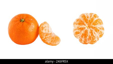 Set of tangerine or clementine with slices and peeled orange fruit isolated on white background Stock Photo