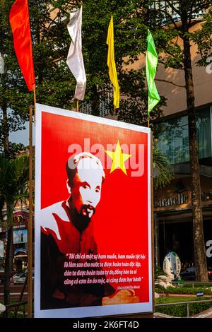 Ho Chi Minh portrait propaganda poster, Saigon, Vietnam Stock Photo