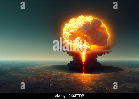 Satellite view of a nuclear explosion in a city skyline creating a nuclear fire mushroom cloud in an apocalyptic war. 3D digital illustration. Stock Photo