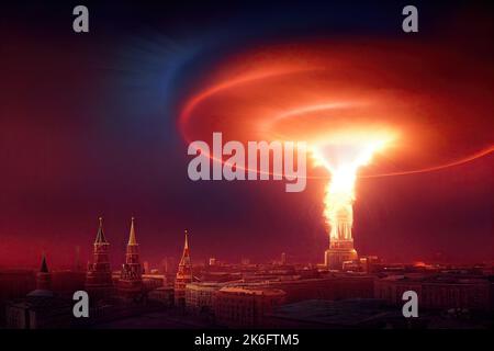 A nuclear explosion occurring in Moscow city of Russia during an apocalyptic war or meteor impact with a fire mushroom cloud by drone view. 3D Stock Photo