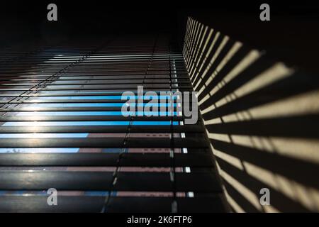 Office or window blinds or jalousies with shadows on the wall. Office design or interior architecture or modern buildings concept photo. Stock Photo