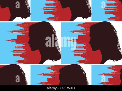 Woman profile and city buildings, vector seamless pattertn Stock Vector