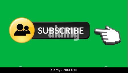 Illustration of finger pointing at subscribe text with profile icons over green background Stock Photo