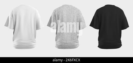 set Oversized white. black and hearher t-shirt template 3D rendering, universal cotton apparel with wrinkles, isolated on background. Mockup of clothe Stock Photo