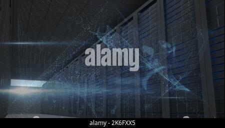 Composite of illuminated connected low over low angle view of server racks in data center room Stock Photo