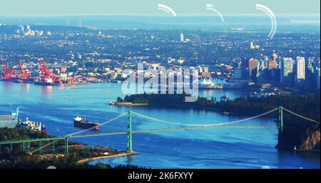 Composition of data processing over cityscape Stock Photo