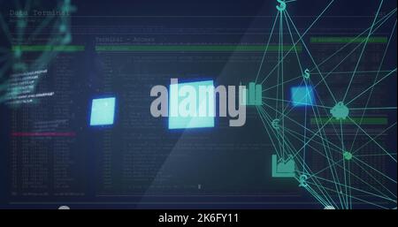 Illustration of icons connected with lines, squares, programming language over database, copy space Stock Photo