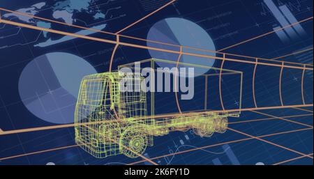 Illustration of 3d model truck against infographic interface in background, copy space