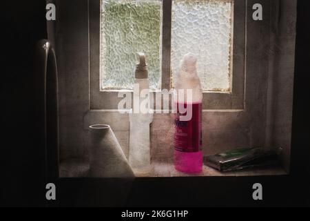 Cleaning products. Home concept and window background, Stock image