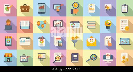 Market studies icons set flat vector. Economic analysis. Balance buget Stock Vector