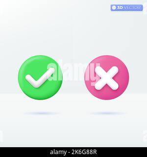 Right and Wrong icon symbols. check mark, cross mark, yes, accepted and rejected concept. 3D vector isolated illustration design Cartoon pastel Minima Stock Vector