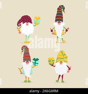 Cute Christmas gnomes. Vector characters in flat style. Set of Christmas gnomes with gifts candies illustration Stock Vector