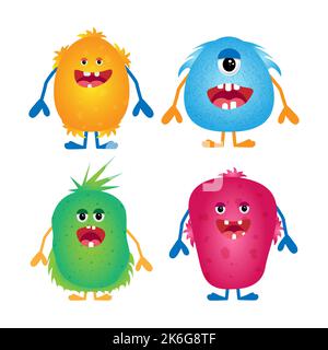Monsters are funny and cute, Set of vector monsters with different eyes and shaggy teeth. Vector illustration Stock Vector