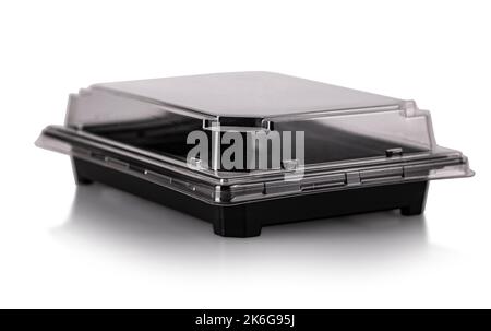 The black plastic square disposable tableware on white background Stock Photo