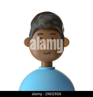 Young adult dark skinned man cute iconic character guy isolated white background. 3D Rendering Stock Photo