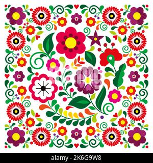 Mexican folk art style vector round floral pattern in frame, greeting card or wedding invitation design inspired by traditional embroidery from Mexico Stock Vector