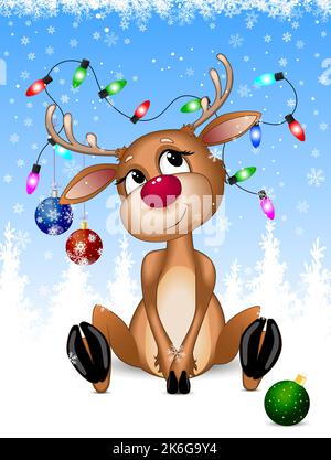 Cartoon reindeer, decorated with Christmas decorations, sits on the snow against the background of the forest, snowflakes and blue sky. Stock Vector