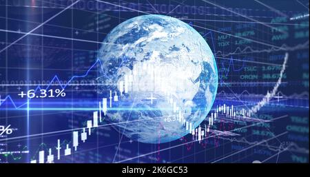 Image of diverse data and graphs processing over globe in navy digital space. Global business, finance, economy, digital interface and technology conc Stock Photo