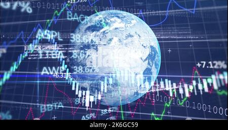 Image of diverse data and graphs processing over globe in navy digital space. Global business, finance, economy, digital interface and technology conc Stock Photo