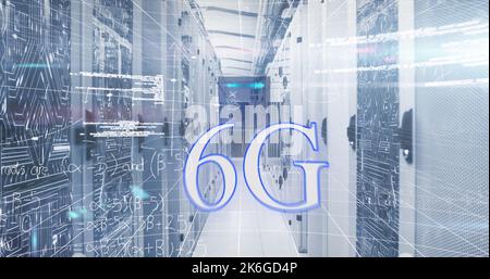 Image of mathematical equations and data processing over 6g text against server room Stock Photo