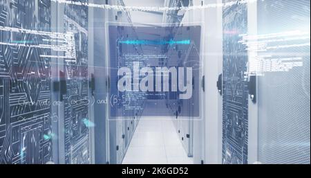 Image of mathematical equations and data processing over 6g text against server room Stock Photo