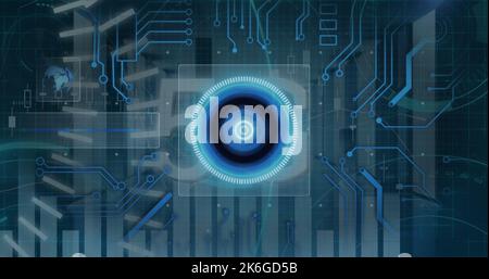 Image of scope scanning with 5g text and data processing over server room Stock Photo