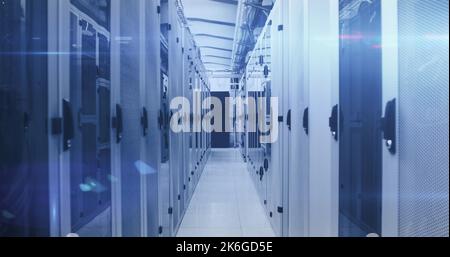 Image of mathematical equations and data processing over spinning globe against server room Stock Photo