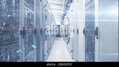 Image of mathematical equations and data processing over 6g text against server room Stock Photo
